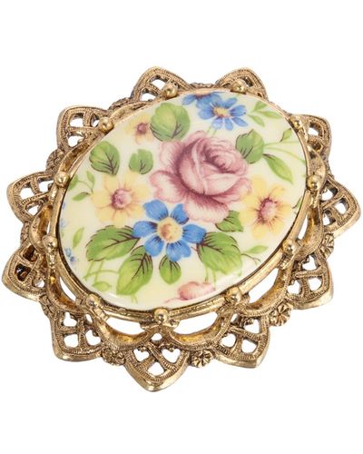 2028 Glass Oval Floral Brooch - White