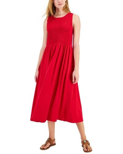 Tommy Hilfiger Logo Solid-color Smocked Sleeveless Dress - Red