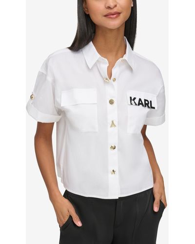 Karl Lagerfeld Poplin Logo Cropped Top - White