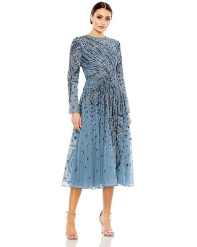 Mac Duggal Embellished Illusion High Neck Long Sleeve Dress - Blue