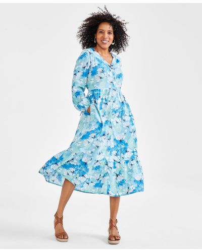 Style & Co. Petite Floral Tiered Button Front Midi Dress - Blue