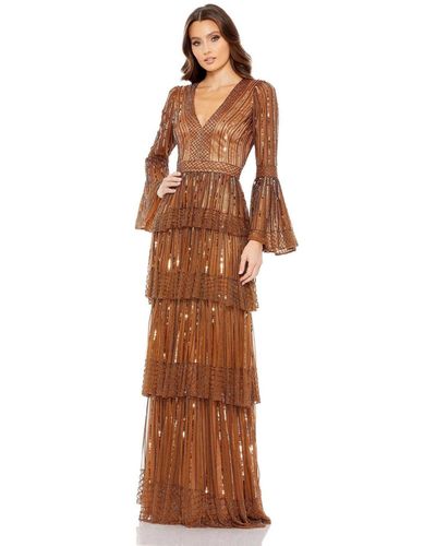 Mac Duggal Embellished Bell Sleeve Tiered Gown - Brown