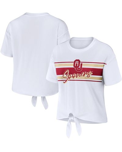 WEAR by Erin Andrews Oklahoma Sooners Striped Front Knot Cropped T-shirt - White