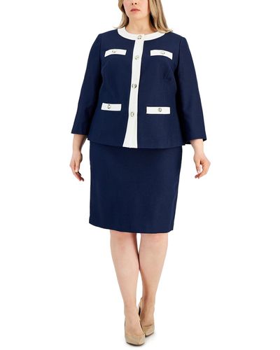 Le Suit Plus Size Tweed Framed Four-pocket Skirt Suit - Blue