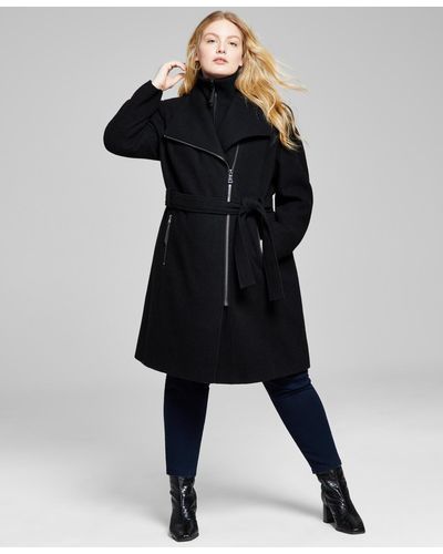 Calvin Klein Plus Size Belted Asymmetric Wrap Coat - Black