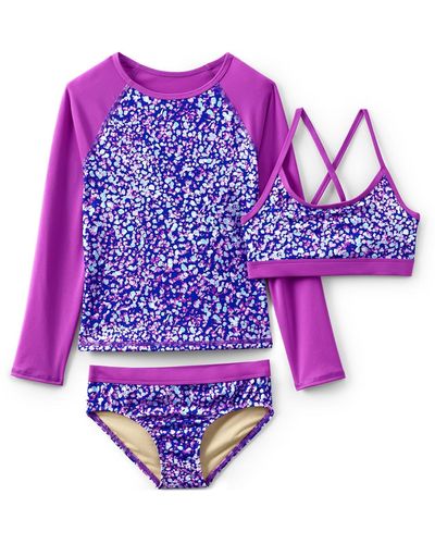 Lands' End Girls Slim Chlorine Resistant Rash Guard Swim Top Bikini Top And Bottoms Upf 50 Swimsuit Set - Purple