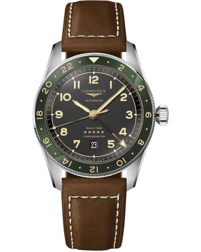 Longines Swiss Automatic Spirit Zulu Time Brown Leather Strap Watch 42mm - Gray
