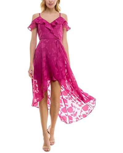 Bcx Off-the-shoulder Ruffled Asymmetrical-hem Tie-waist Jacquard Dress - Pink
