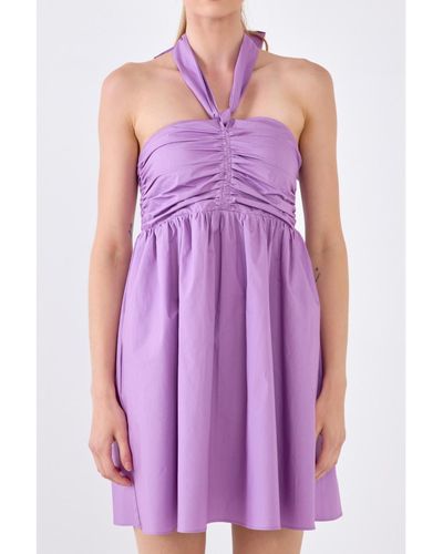 Endless Rose Ruched Halter Neck Flounce Dress - Purple