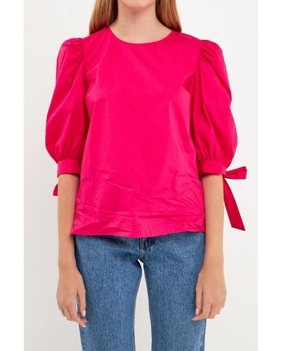 English Factory Bow Banded Puff Sleeve Blouse - Red