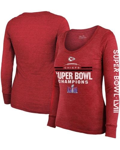 Majestic Kansas City Chiefs Super Bowl Lviii Champions Goal Line Stand Scoop Neck Tri-blend Long Sleeve T-shirt - Red