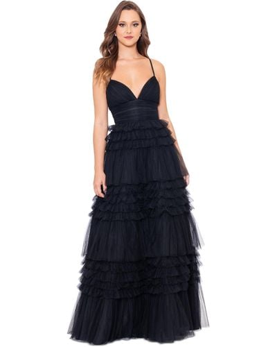 Betsy & Adam V-neck Sleeveless Tiered Ruffle Mesh Gown - Blue