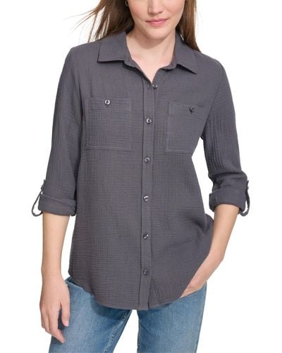 Calvin Klein Petite Cotton Button-front Roll-sleeve Shirt - Gray