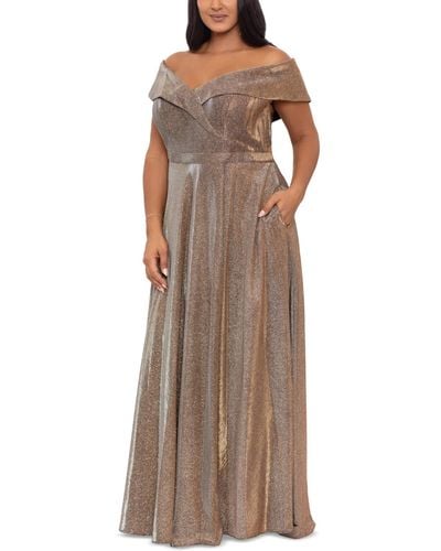 Xscape Plus Size Draped Off-the-shoulder Metallic Gown - Brown