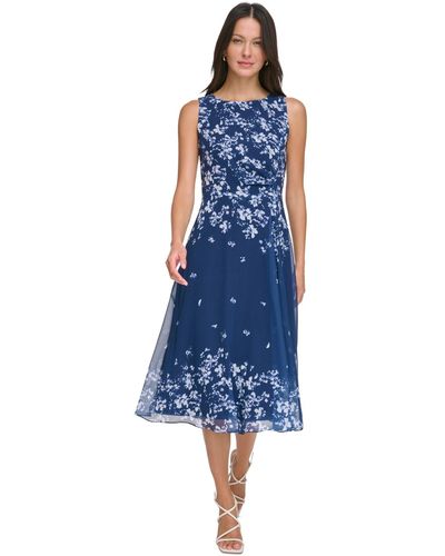 DKNY Printed Sleeveless Side-ruched Dress - Blue