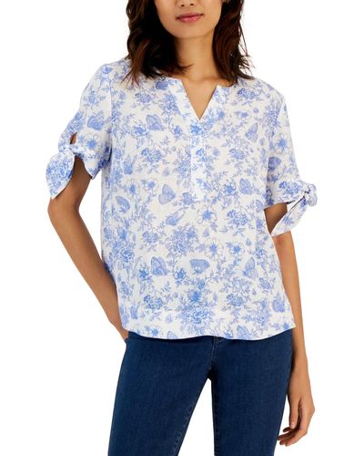 Charter Club Linen Toile-print Tie-sleeve Top, Created For Macy's - Blue