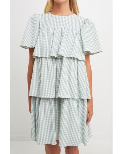 English Factory Gingham Print Tiered Dress - White