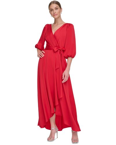 DKNY Faux-wrap Balloon-sleeve Belted Dress - Red