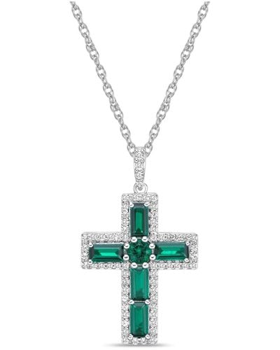 Macy's Sterling Silver Halo Birthstone Style Lab Grown And Lab Grown White Sapphire Fancy Cut Cross Pendant Necklace - Green