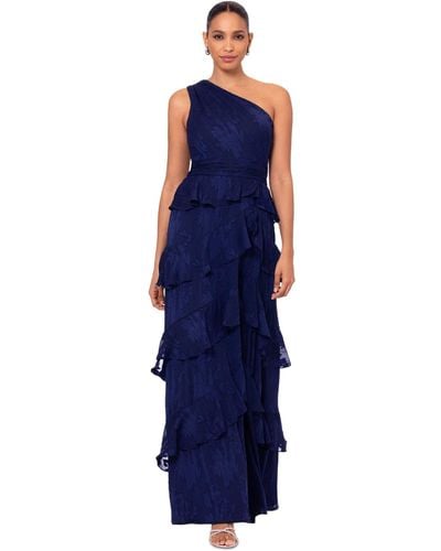 Xscape Tiered One-shoulder Gown - Blue