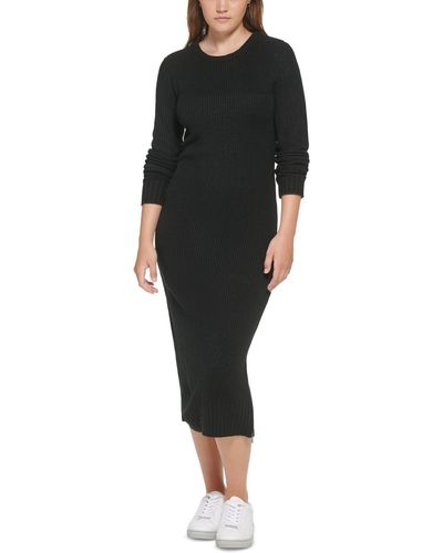 Calvin Klein Ribbed Long Sleeve Crewneck Side Slit Dress - Black