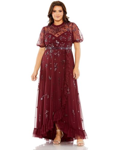 Mac Duggal Plus Size High Neck Puff Short Sleeve Embellished Faux Wrap Gown - Red