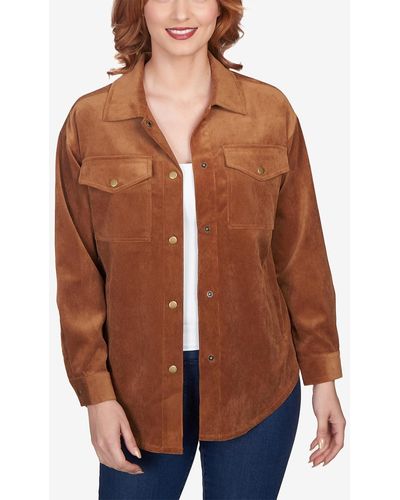 Ruby Rd. Petite Button Up Solid Corduroy Shacket - Brown