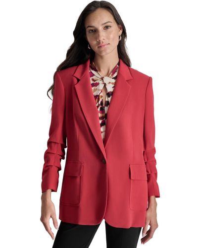 DKNY Ruched-sleeve One-button Blazer - Red