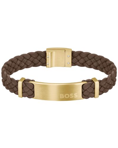 BOSS Dylan Ionic Plated Thin Gold-tone Steel Leather Bracelet - Brown