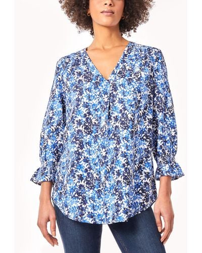 Jones New York Floral-print Smocked-cuff Pleat-front Top - Blue