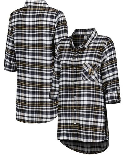 Concepts Sport Vegas Golden Knights Mainstay Flannel Full-button Three-quarter Sleeve Nightshirt - Black