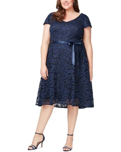 Alex Evenings Plus Size Metallic Lace Cap-sleeve Fit & Flare Dress - Blue