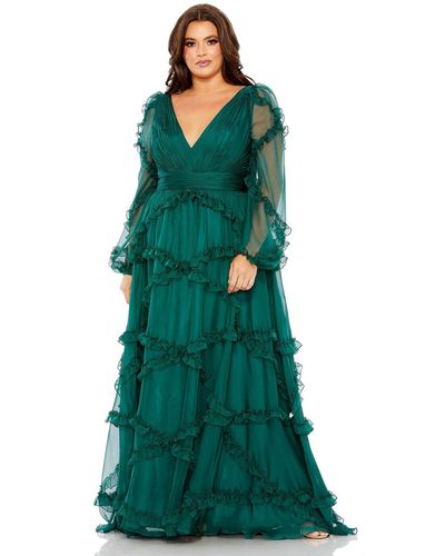 Mac Duggal Plus Size V Neck Ruffle Tiered Puff Sleeve Gown - Green