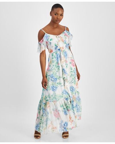 Guess Floral-print Ruffled Cold-shoulder Tiered Maxi Dress - Blue
