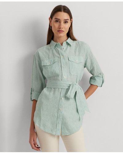 Lauren by Ralph Lauren Striped Belted Utility Shirt - Green