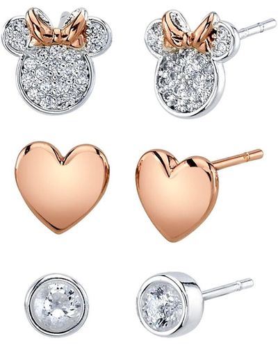 Disney Three Pair Silver Plated Two Tone Rose Gold Minnie Mouse Earring Set - Metallic