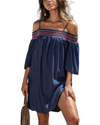 CUPSHE Smocked Lace Open-shoulder Beach Dress - Blue