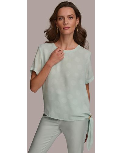Donna Karan Short Sleeve Printed Tie-hem Top - Gray