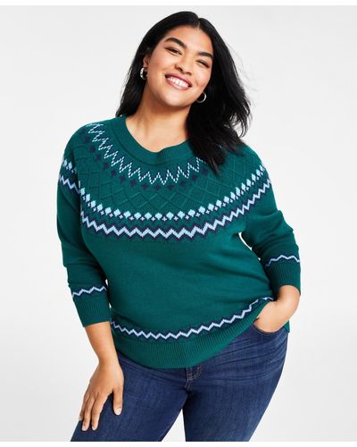 Style & Co. Petite Fair Isle Crewneck Raglan-sleeve Sweater - Green