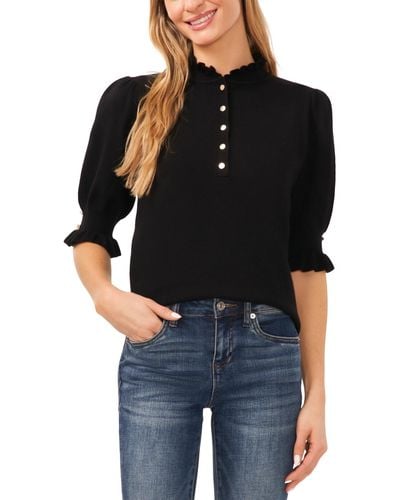 Cece Ruffle Collar Short Sleeve Ruffle Sweater Top - Black
