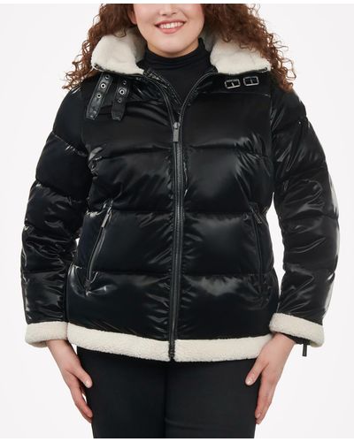 Michael Kors Plus Size Faux-shearling Shine Puffer Coat, Created For Macy's - Black