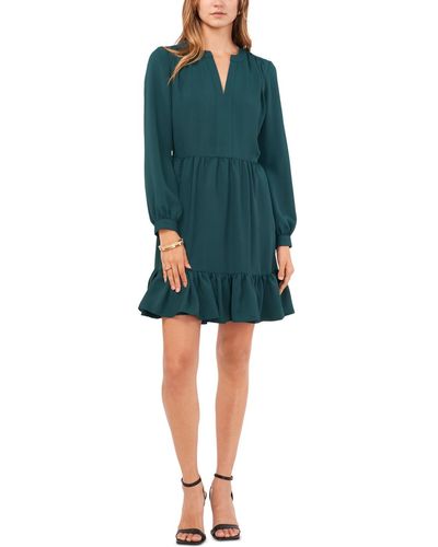 Vince Camuto Solid Long Sleeve Split Neck Tiered Baby Doll Dress - Green