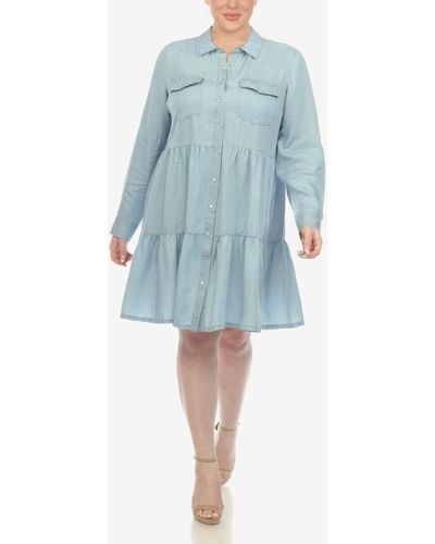 White Mark Plus Size Long Sleeve Tiered Midi Shirt Dress - Blue