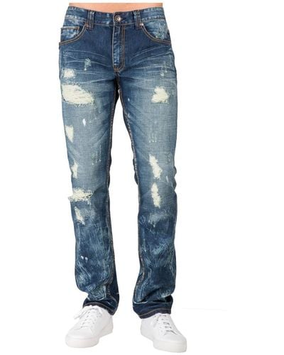 Level 7 Slim Straight Fit Denim Ripped And Teared Distressed Jeans - Blue
