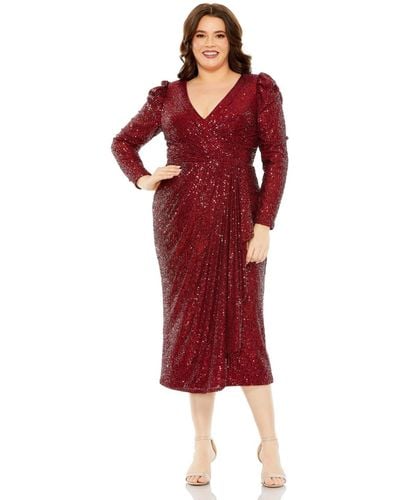 Mac Duggal Plus Size Princess Long Sleeve V Neck Sequin Dress - Red