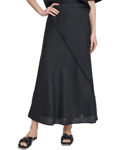 DKNY Pull-on Fringe-trim Linen Skirt - Black