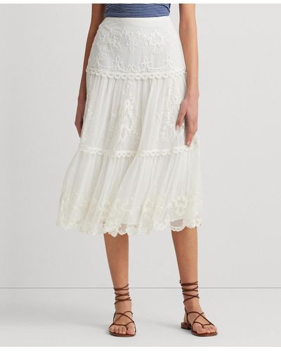 Lauren by Ralph Lauren Embroidered Mesh Midi Skirt - White