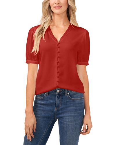 Cece Puff Sleeve Button Front Short Sleeve Blouse - Red