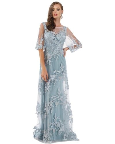 Lara Cape Sleeves A-line Lace Gown - Blue