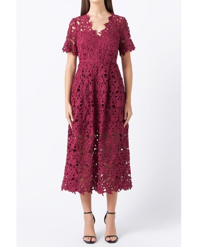 Endless Rose All Over Lace Short Sleeves Midi Dress - Red